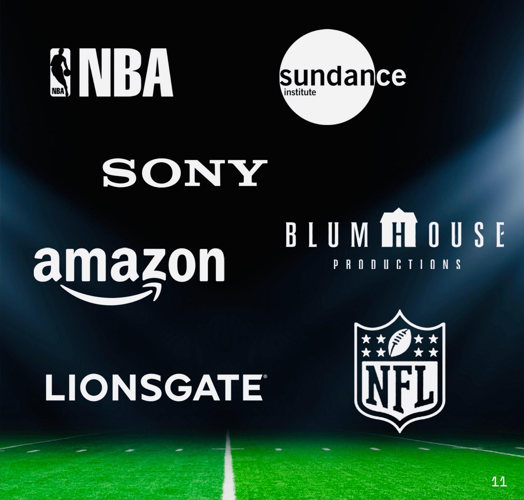 Partner logos including NBA, Sundance Institute, Sony, Amazon, Blumhouse, Lionsgate, and NFL